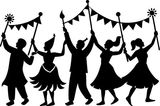 Silhouettes of people celebrating a festive parade