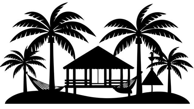 Tropical beach hut silhouette palm trees hammock paradise