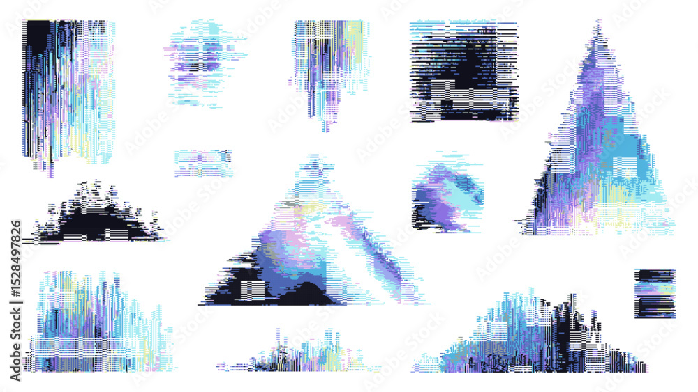 Fototapete Set of abstract glitch elements with digital distorted lines and pixels. Modern background distortion effect for music cover. Vector graphics.