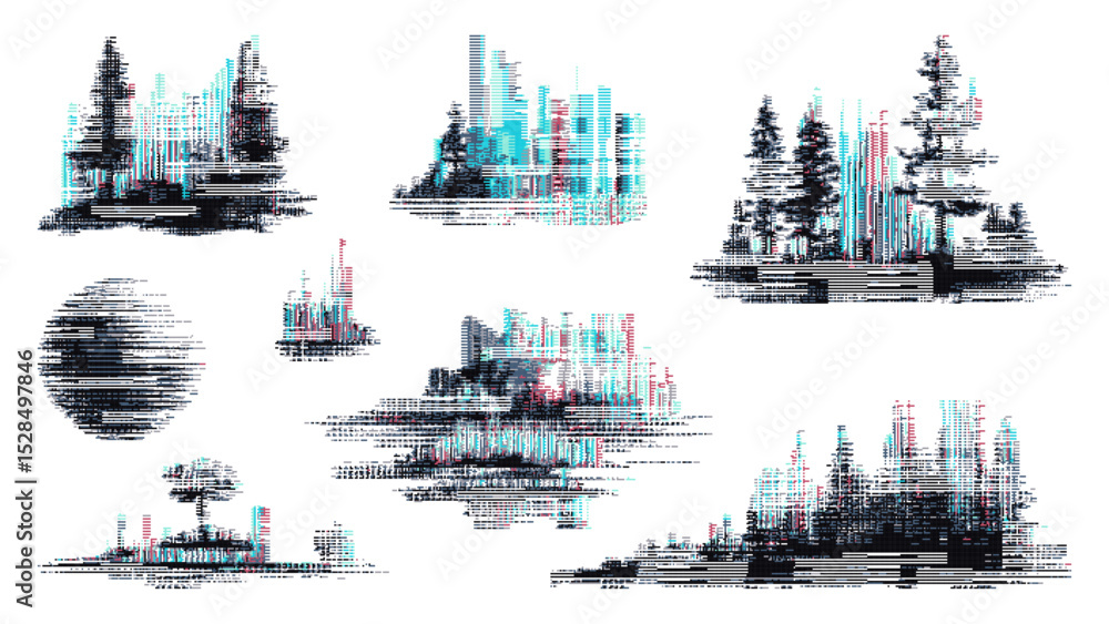 Poster Glitch elements vector graphics with landscape and tree abstract shapes. Digital art for backgrounds, modern design, textures. Vector graphics.