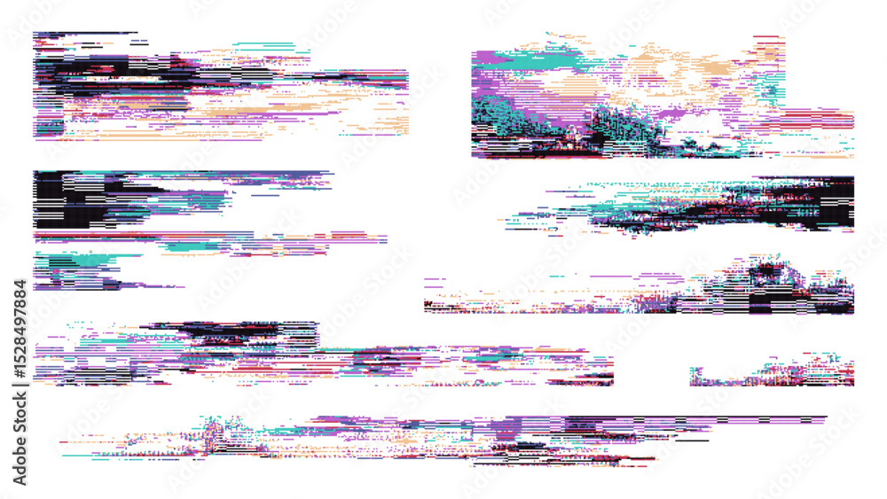 Fototapete Abstract glitch effect vector art set with pixel distorted lines. Digital cyber signal interference. Modern technology defect design for background. Vector graphics.