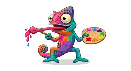 Naklejka premium Creative cartoon chameleon artist holding a color palette, changing colors. Artistic animal character on white background.