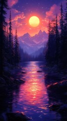 A captivating digital art scene of a river flowing through a forest at night, illuminated by a glowing yellow moon and vibrant pink and purple skies. Evokes a dreamy, fantastical mood.