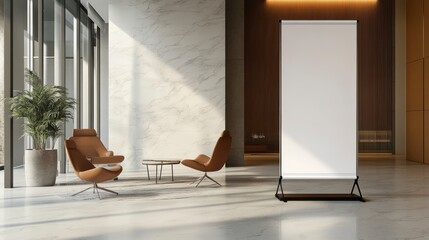Modern office lobby with blank roll-up banner, leather armchairs, and marble wall.