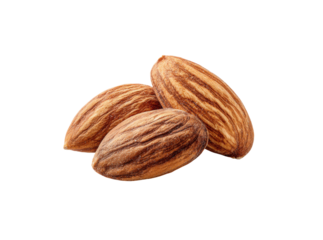 Three whole almonds isolated on black background healthy snack food, Isolated On Transparent Background