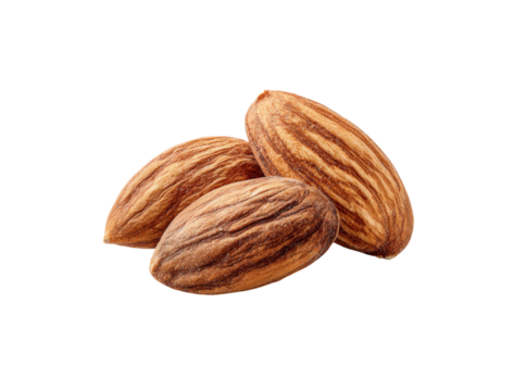 Three whole almonds isolated on black background healthy snack food, Isolated On Transparent Background