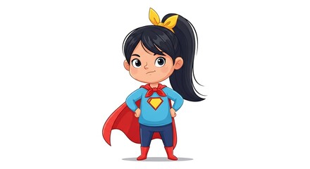 Inspirational cartoon girl with superhero cape and determined expression. Empowering child character on white background.