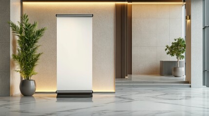 Blank retractable banner stand in modern lobby with marble floor and plants.