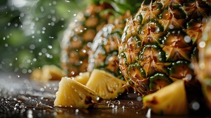 A refreshing image of fresh pineapples with water drops resting on a textured wooden table, capturing the essence of tropical freshness and natural vitality.