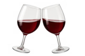 Two elegant wine glasses filled with red wine are touching, creating a celebratory mood against a transparent background