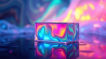 A transparent rectangular object reflects vibrant, colorful, and iridescent patterns on a wet surface, creating a futuristic and abstract visual.
