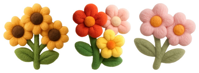 PNG Colorful felt flower decorations, element set on transparent background