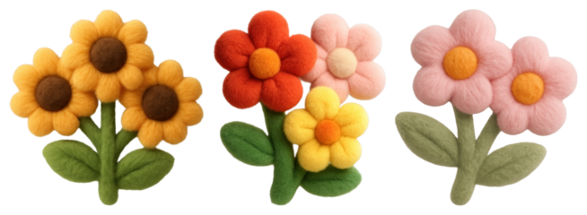 PNG Colorful felt flower decorations, element set on transparent background