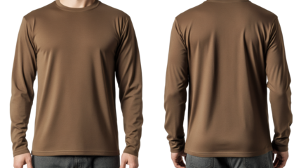 Brown Long Sleeve T-Shirt Mockup Man's Apparel Design Template - Front and Back View