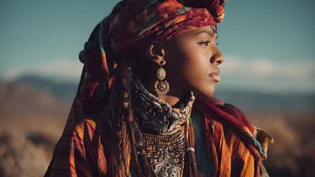 A graceful girl wears traditional attire, intricate patterns reflecting deep cultural heritage under the golden sunlight.


