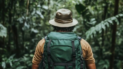 Obraz premium A solitary figure wearing a backpack and hat stands in a dense jungle, ready to embark on a nature exploration adventure, surrounded by vibrant greenery and serenity.