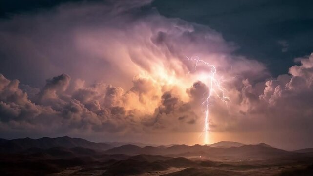 Dark clouds swirl violently as lightning splits the sky, thunder roaring through the chaotic, torrential thunderstorm.


