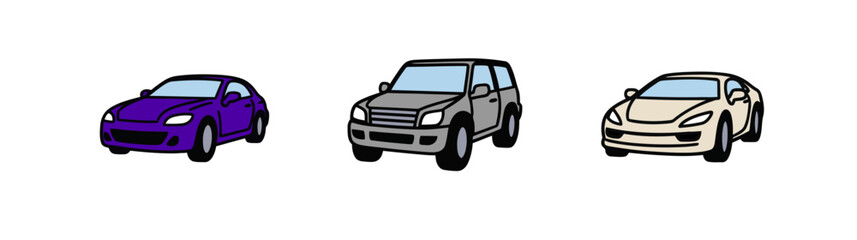Automotive Lineup Featuring Purple Coupe, Gray SUV and Tan Sports Car on White Background