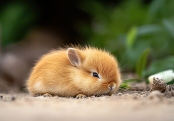 Fototapeta premium Rabbit Bunny on the ground original photo picture. Cute brown animal pet fur fluffy close up with natural background rodent spring springtime hop sensitive