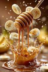 Fresh bananas sliced into honey drizzle splashing in motion