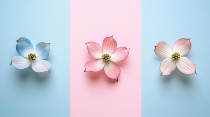 Three dogwood blossoms in blue, pink, and white on pastel background.
