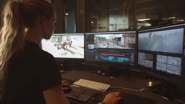 Focused and determined, the girl edits video meticulously, adjusting effects while refining every frame flawlessly.
