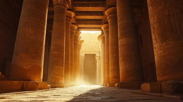 The ancient temple still stands strong, supported by massive stone pillars carved with intricate designs.