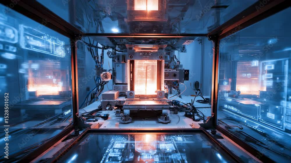 Poster sophisticated machinery fabricating prototype inside transparent enclosure, surrounded by illuminate