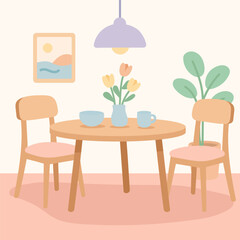 Dining table with pastel decor and flowers creates cozy dining atmosphere, where dining moments feel warm, calm, and stylish, perfect for lifestyle and interior content.