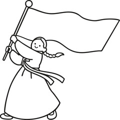 A Girl in a Traditional Korean Costume Waving Flag Drawn in Line Drawing