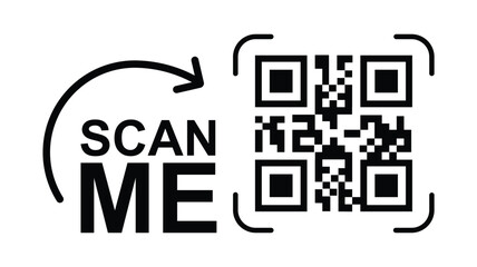 Minimalist black & white QR code centered, grid squares visible. Simple outline frame. "Scan me" handwritten text above, curved arrow icon around. Clean, flat lighting, neutral.
