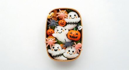 A creative Halloween bento box, filled with spooky food. It features adorable ghosts, smiling pumpkins and playful spiders