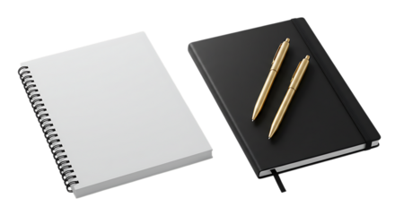 Blank spiral notebook and black notebook with gold pens isolated on white background