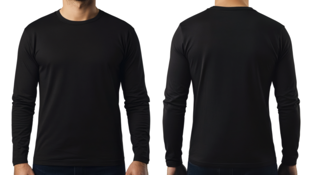 Black Long Sleeve T-Shirt Mockup, Front and Back View Man's Apparel Design Template for Easy Branding and Customization