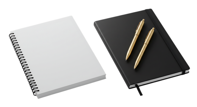 Blank spiral notebook and black notebook with gold pens isolated on white background