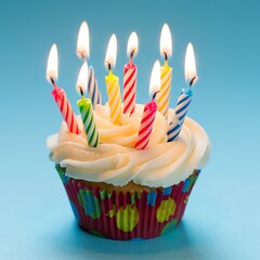 Colorful Birthday Cupcake with Lit Candles Festive Celebration