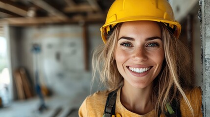 A smiling woman in a yellow hard hat and construction gear exudes positivity and confidence, standing in a partially constructed space showcasing craftsmanship.
