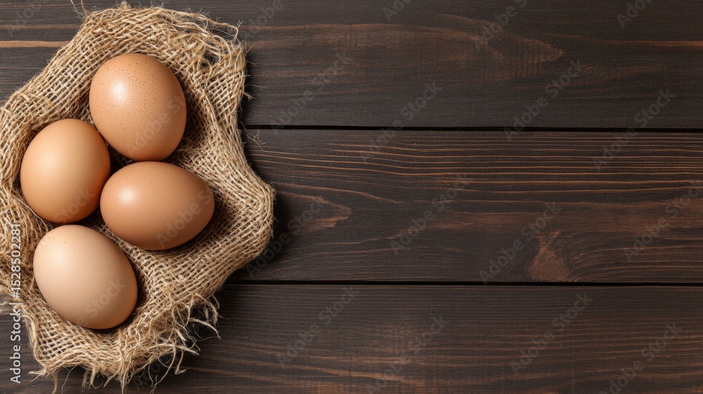 Poster four brown eggs are placed on a rustic wooden surface with space for text or design