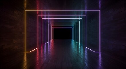 Futuristic neon tunnel with pink and blue glowing lights, modern sci-fi corridor, symmetrical perspective in dark space