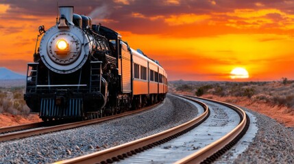 Vintage steam train traveling along curved railway tracks at sunset