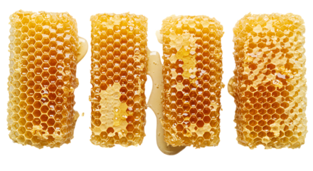 Four honeycomb pieces with honey dripping isolated on white background