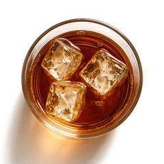 Top View of Whiskey Glass with Ice on White Background