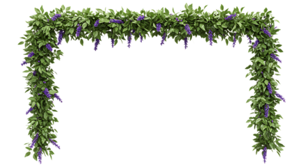 Elegant floral archway with purple flowers and green leaves isolated on white background