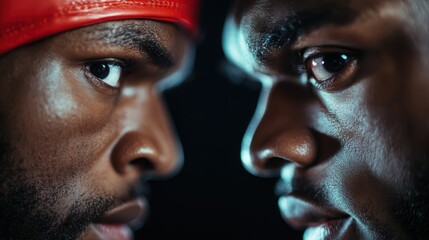 This striking image captures an intense stare between two individuals, highlighting the power dynamics and emotions expressed through their focused and bold gazes.