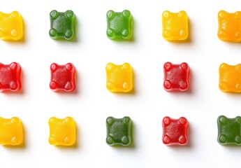 Vibrant gummy bears lined up in yellow, green, and red on a white background, perfect for candy and sweet-themed projects.