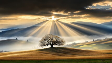 Sunrise rays break through clouds over a solitary tree in a peaceful landscape scene