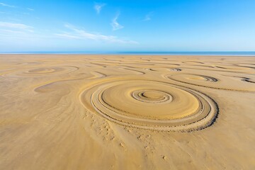 Aerial View of Intriguing Spiral Sand Patterns on a Desert Beach
