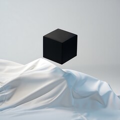 Floating Cube Minimalist 3D Render of Black Cube on White Fabric