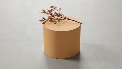 Minimalist Autumn Still Life Dried Branch on a Cylindrical Pedestal