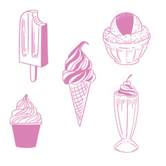 A set of original hand-drawn ink illustrations of ice cream. Original drawings of ice cream cones, milkshakes, and ice cream tubs.